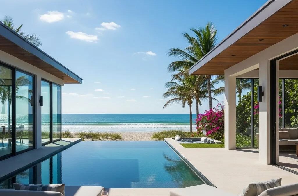 Luxury beachfront home in Atlantic Beach with ocean views, modern architecture, infinity pool, and tropical landscaping.