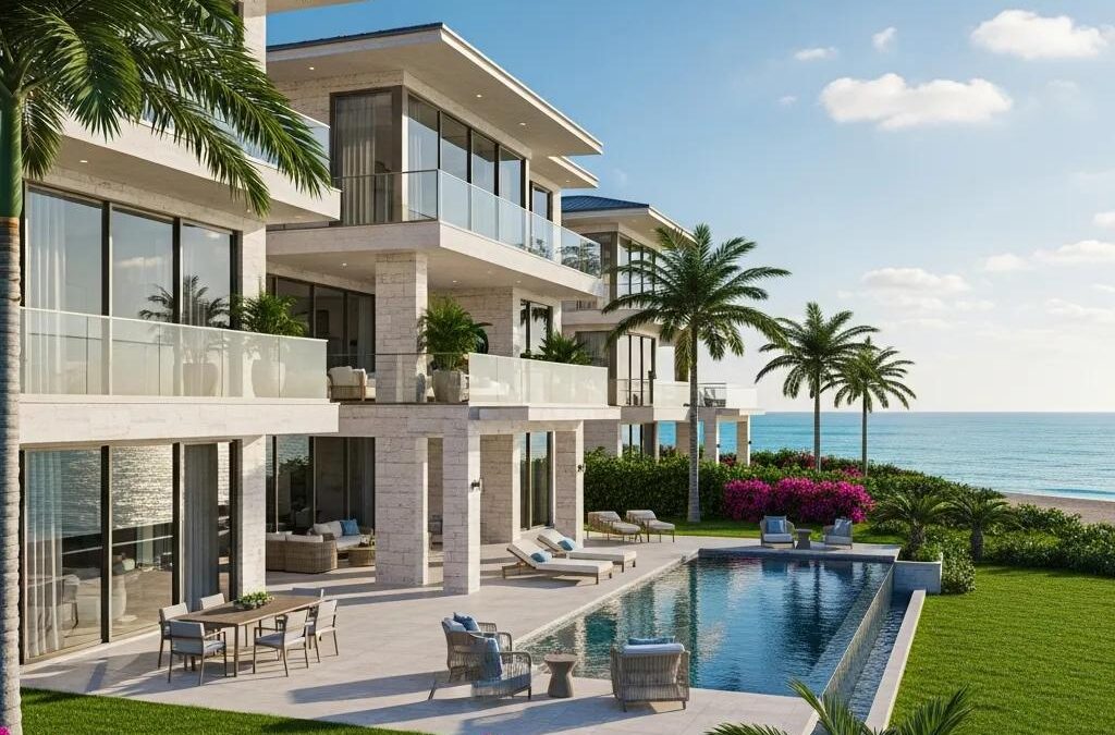 Luxury beachfront property in Atlantic Beach featuring modern architecture, expansive glass windows, a swimming pool, and lush landscaping with palm trees and ocean views.
