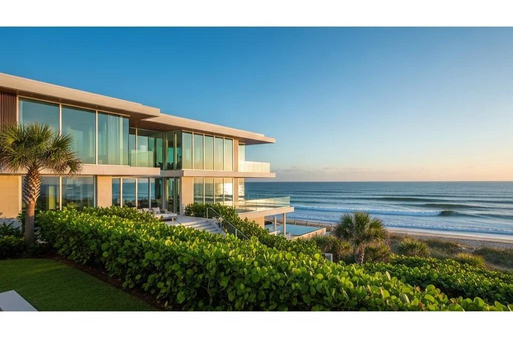 Luxury beachfront property in Atlantic Beach with modern architecture, expansive glass windows, and ocean views, surrounded by lush greenery.