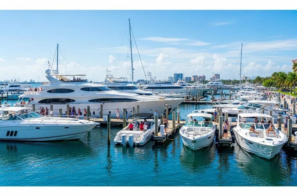 Luxury boats docked at a vibrant marina in Daytona Beach, showcasing a lively boating lifestyle and coastal recreation.