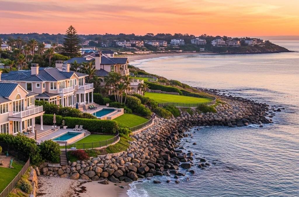 Luxury coastal homes in Sea Gardens with ocean views, elegant architecture, and serene beachfront setting during sunset.