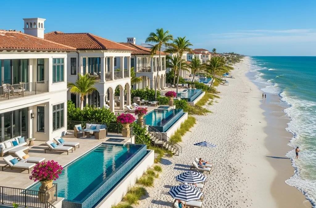 Luxury coastal homes with ocean views and palm trees in Beaches Town Center, Jacksonville Beach, featuring private pools and beach access.
