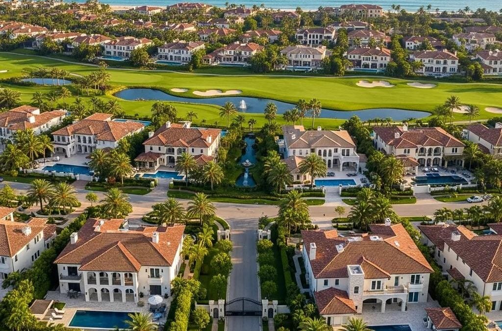 Luxury gated community in Ocean Walk featuring elegant homes, lush landscaping, and golf course views.