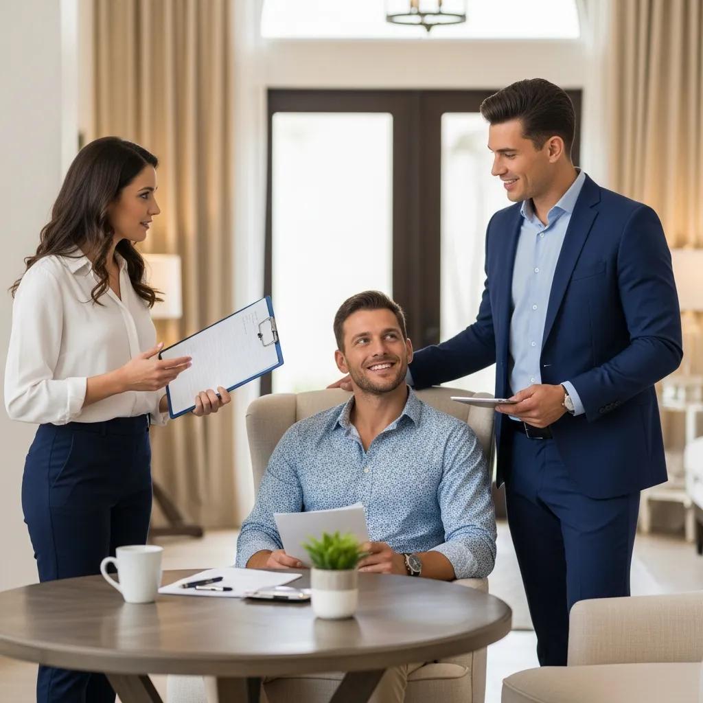 Luxury home buyer consulting with real estate agents in an elegantly designed property, showcasing buyer engagement and psychology in high-end real estate transactions.
