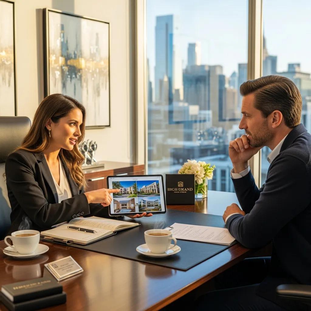 Luxury real estate consultant engaging with a client in a personalized consultation, showcasing property listings on a tablet, with a modern office backdrop and coffee cups on the desk.