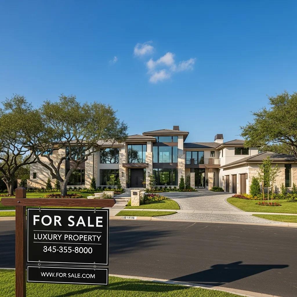 Luxury home for sale with modern architecture, landscaped yard, and prominent "For Sale" sign, representing high-value property financing options.