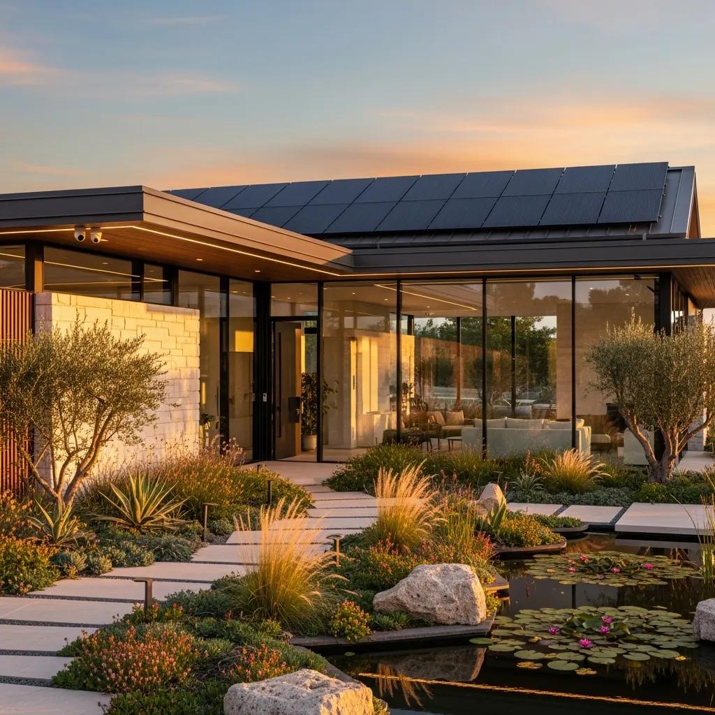 Luxury home featuring solar panels and smart technology, surrounded by a landscaped garden with diverse plants and a serene pond.