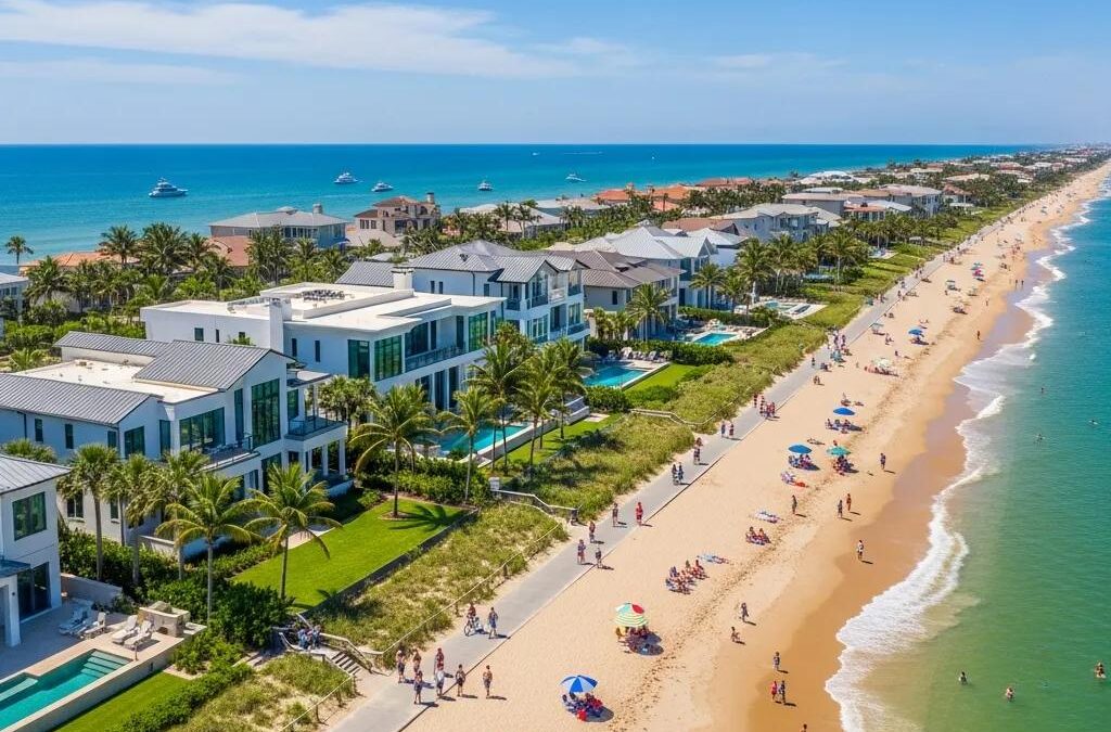 Luxury homes along Atlantic Beach with palm trees, sandy beach, and oceanfront views, representing upscale coastal living.