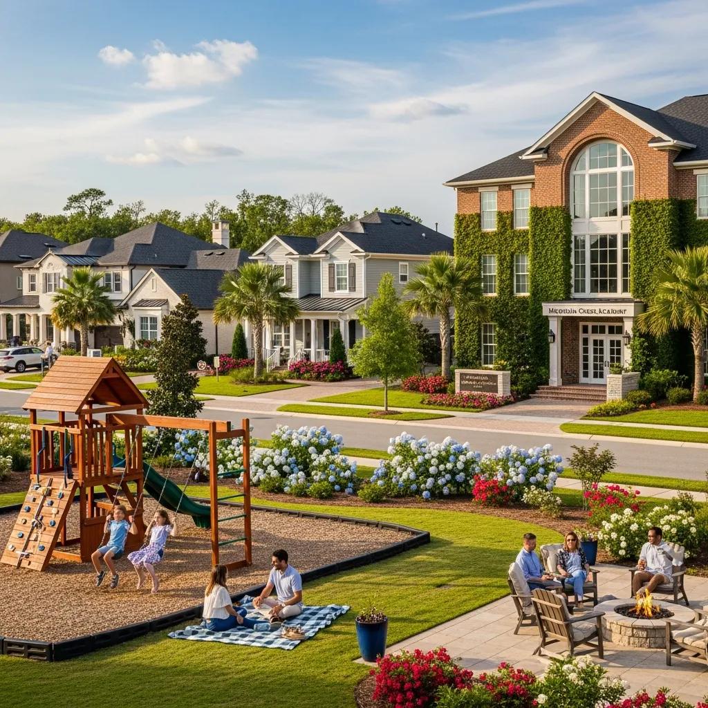 Luxury neighborhood in Northeast Florida with families enjoying outdoor activities near a top-rated school, featuring a playground, picnic area, and well-maintained homes.