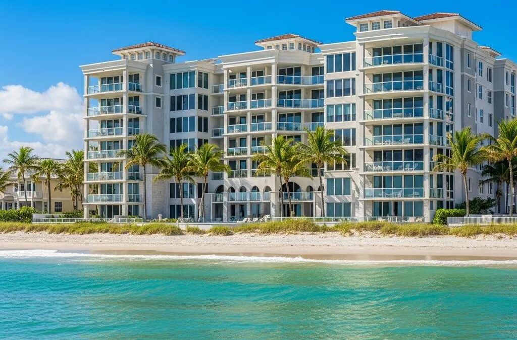 Luxury oceanfront condos at Tiffany by the Sea in Florida, showcasing upscale living with palm trees and beachfront views.