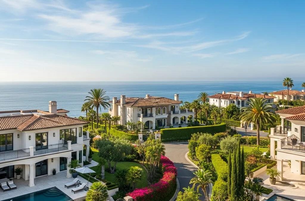 Luxury oceanfront homes in a gated community at Jacksonville Beach, featuring lush landscaping, palm trees, and stunning ocean views.