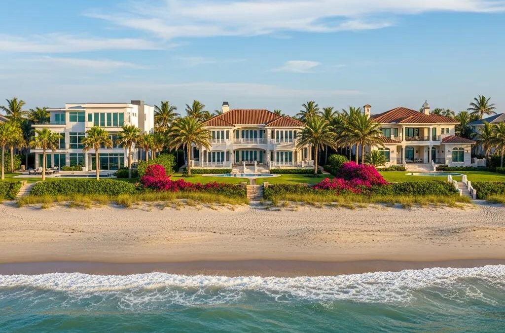 Luxury oceanfront homes in Atlantic Beach, Florida, featuring palm trees, vibrant landscaping, and direct beach access, showcasing exclusive coastal living.