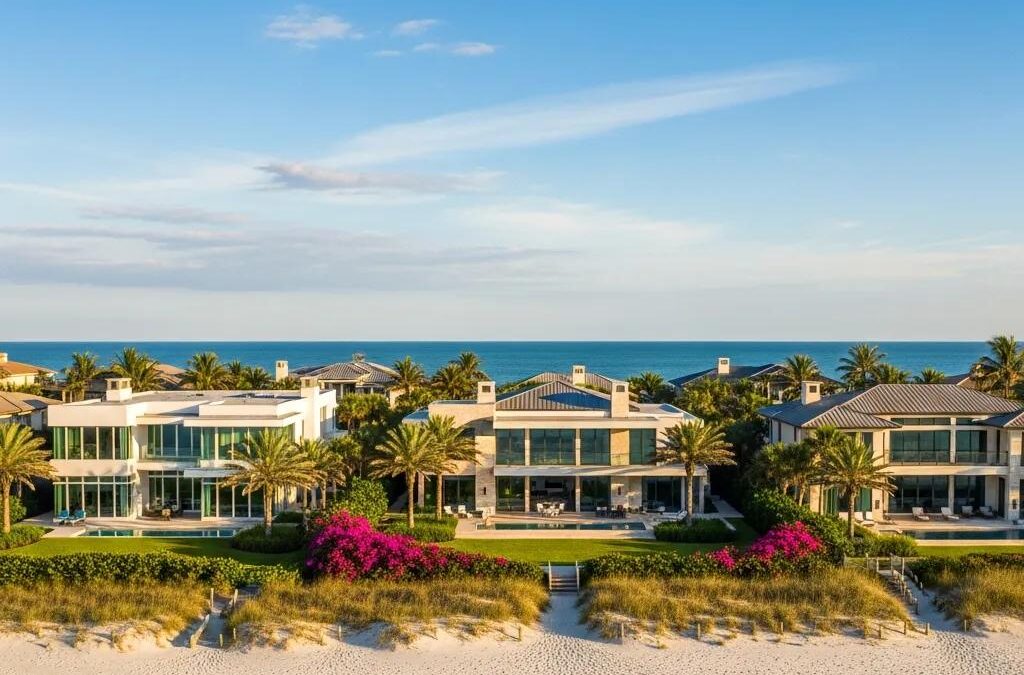 Luxury oceanfront homes in Jacksonville Beach with modern architecture and stunning coastal views, surrounded by palm trees and vibrant landscaping.