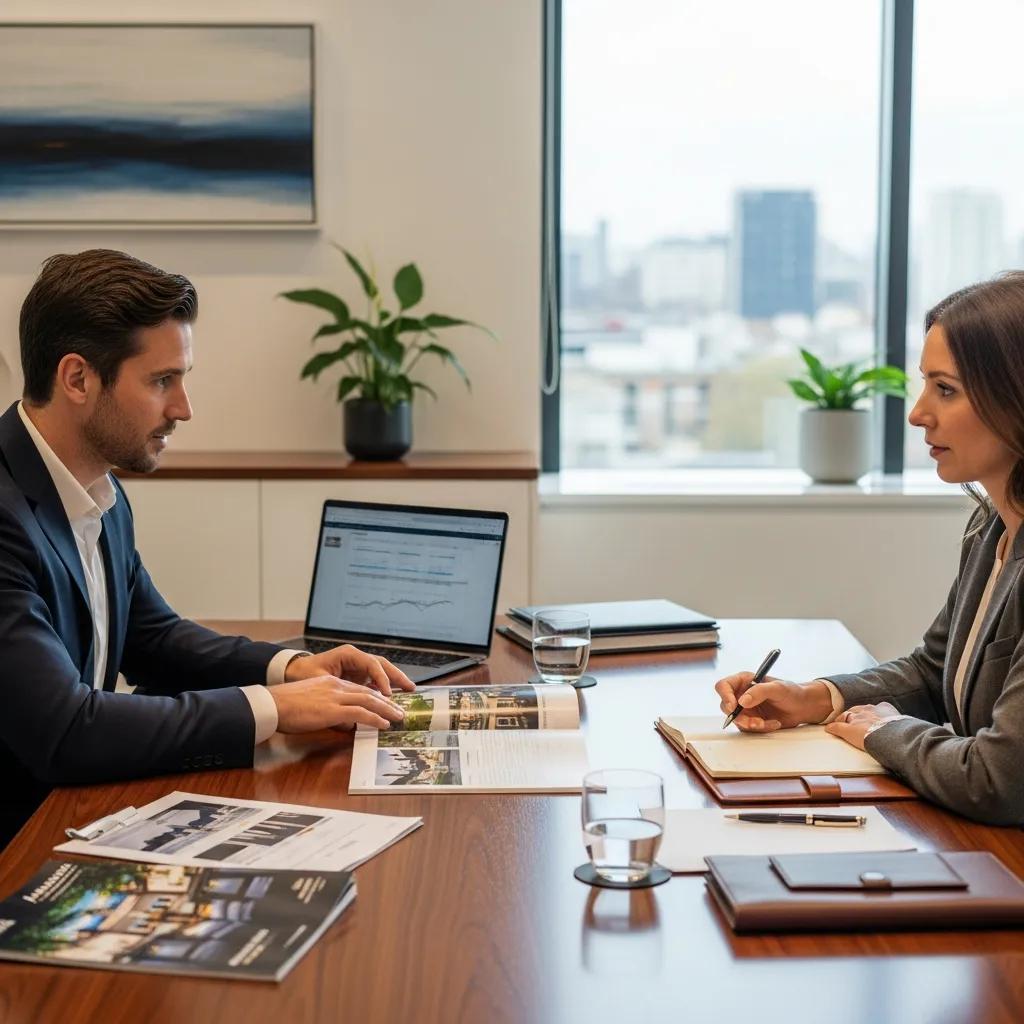 Luxury real estate negotiation scene in a modern office, featuring a man discussing property listings with a woman, laptop and documents on the table, urban view through large windows.