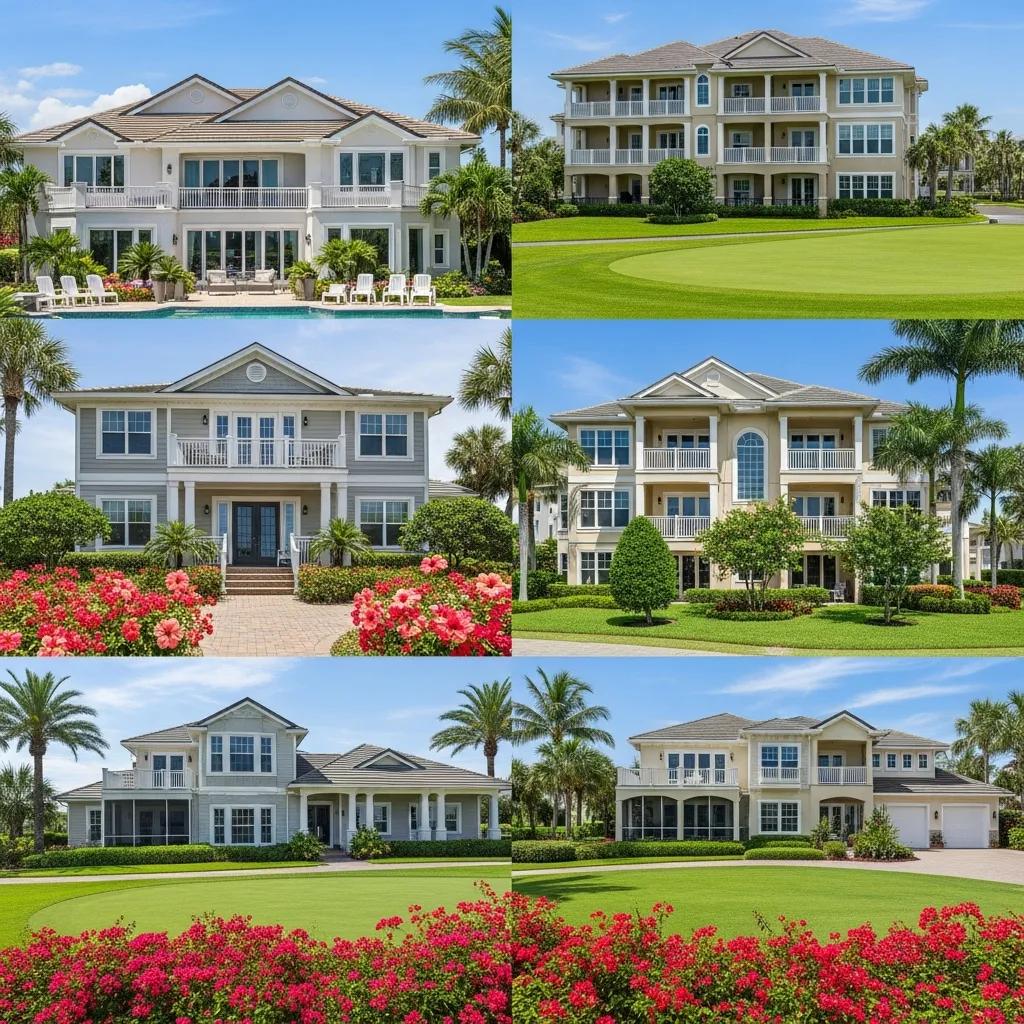 Luxury retirement homes at Atlantic Beach Country Club featuring diverse architectural styles in a landscaped setting