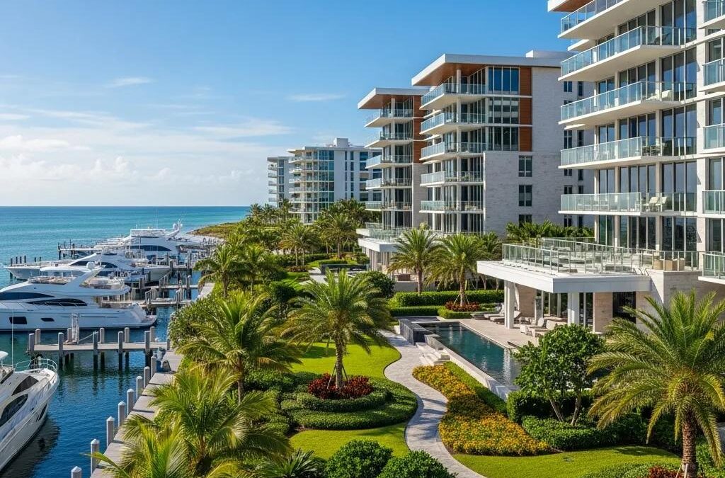 Luxury waterfront condos at Atlantic Beach Country Club with ocean views, palm trees, and private marina.
