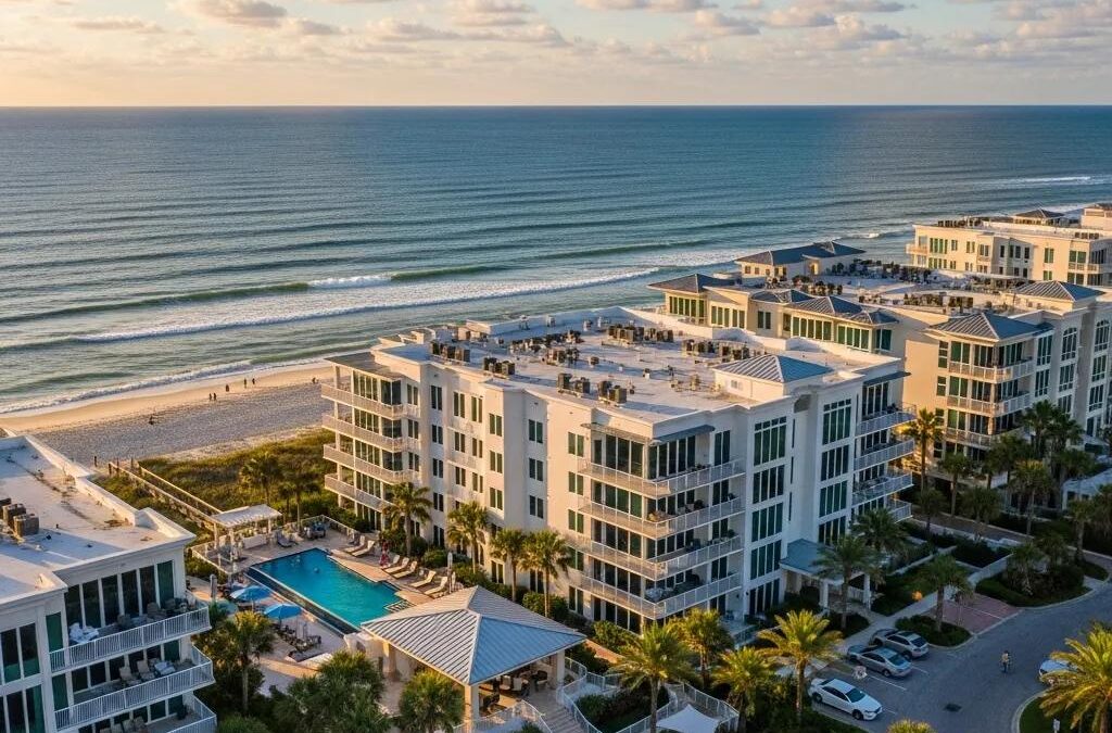 Luxury waterfront condos in Beaches Town Center, FL, featuring ocean views, a swimming pool, and lush landscaping, highlighting the coastal lifestyle and community atmosphere.