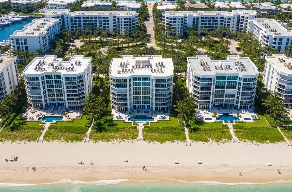 Luxury waterfront condos in Ocean Village, Florida, showcasing modern architecture, lush landscaping, and proximity to the beach and marina.
