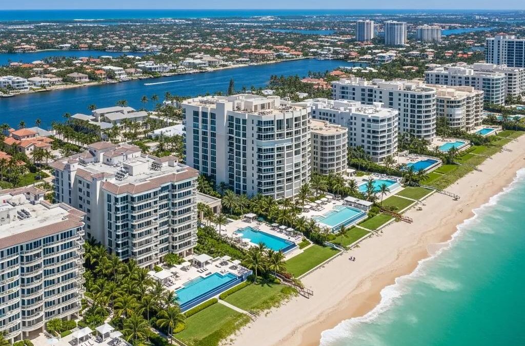 Luxury waterfront condos in Ocean Walk, Florida, featuring pools and sandy beach, with lush palm trees and a view of the coastline and nearby waterways.
