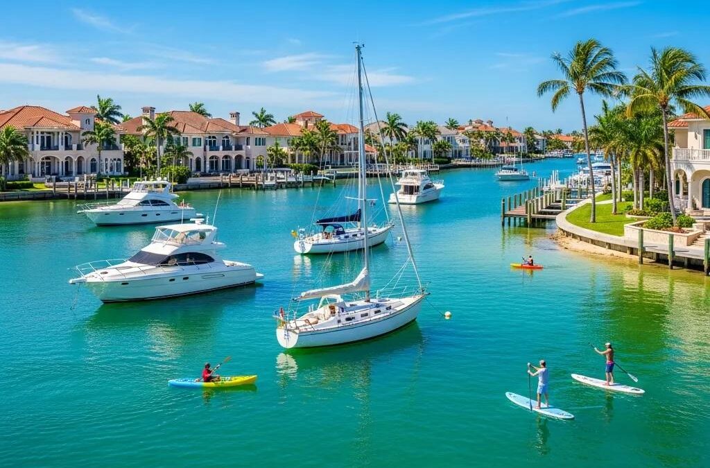 Luxury waterfront scene in Jacksonville Beach, Florida, featuring boats and paddleboarders, showcasing a vibrant coastal lifestyle with elegant homes and palm trees lining the waterway.