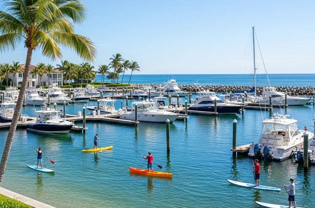 Waterfront scene at Tiffany by the Sea featuring paddleboarders and luxury boats in a marina, highlighting the coastal lifestyle and water sports activities in Palm Coast, Florida.