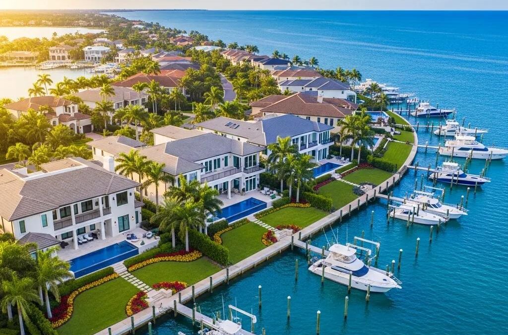 Luxury waterfront homes at Atlantic Beach Country Club with boats in marina, showcasing vibrant coastal lifestyle and boating activities in Florida.