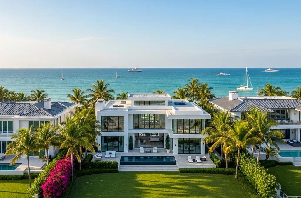 Luxury waterfront home in Atlantic Beach, Florida, featuring modern architecture, lush palm trees, and ocean views with yachts in the background, highlighting upscale coastal living.