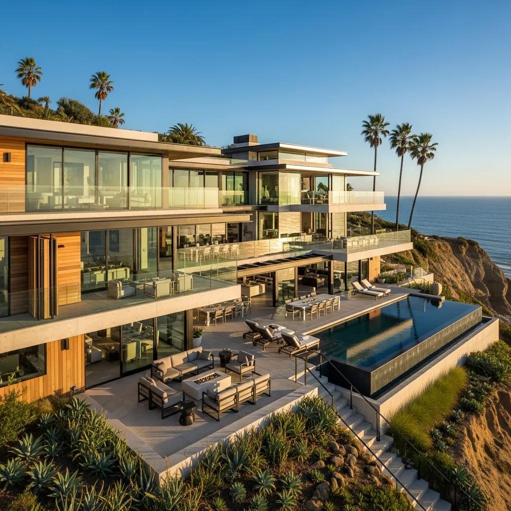 Luxury coastal home in Tiffany by the Sea with modern architectural design, expansive glass windows, ocean views, outdoor seating area, and infinity pool.