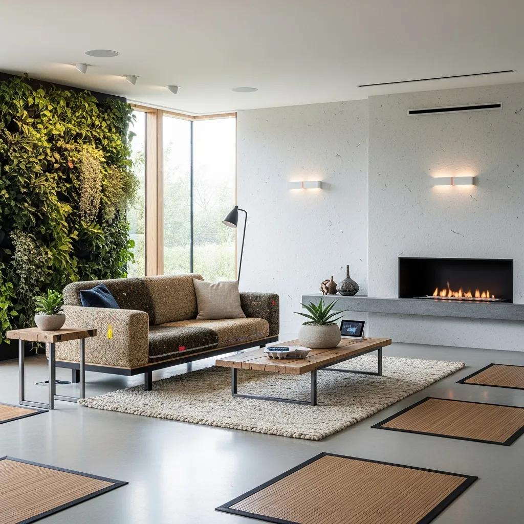 Modern living room featuring sustainable materials, minimalist aesthetics, green wall, cozy sofa, wooden coffee table, and a stylish fireplace, emphasizing luxury home staging for quick real estate sales.