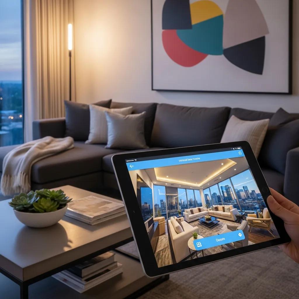 Modern living room featuring a tablet displaying a virtual tour interface for luxury homes, emphasizing technology in luxury real estate navigation.
