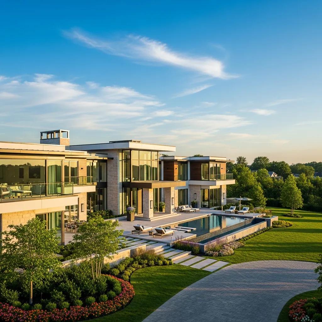 Modern luxury home exterior with expansive glass windows, landscaped gardens, and a swimming pool, representing high-value properties for jumbo loans.