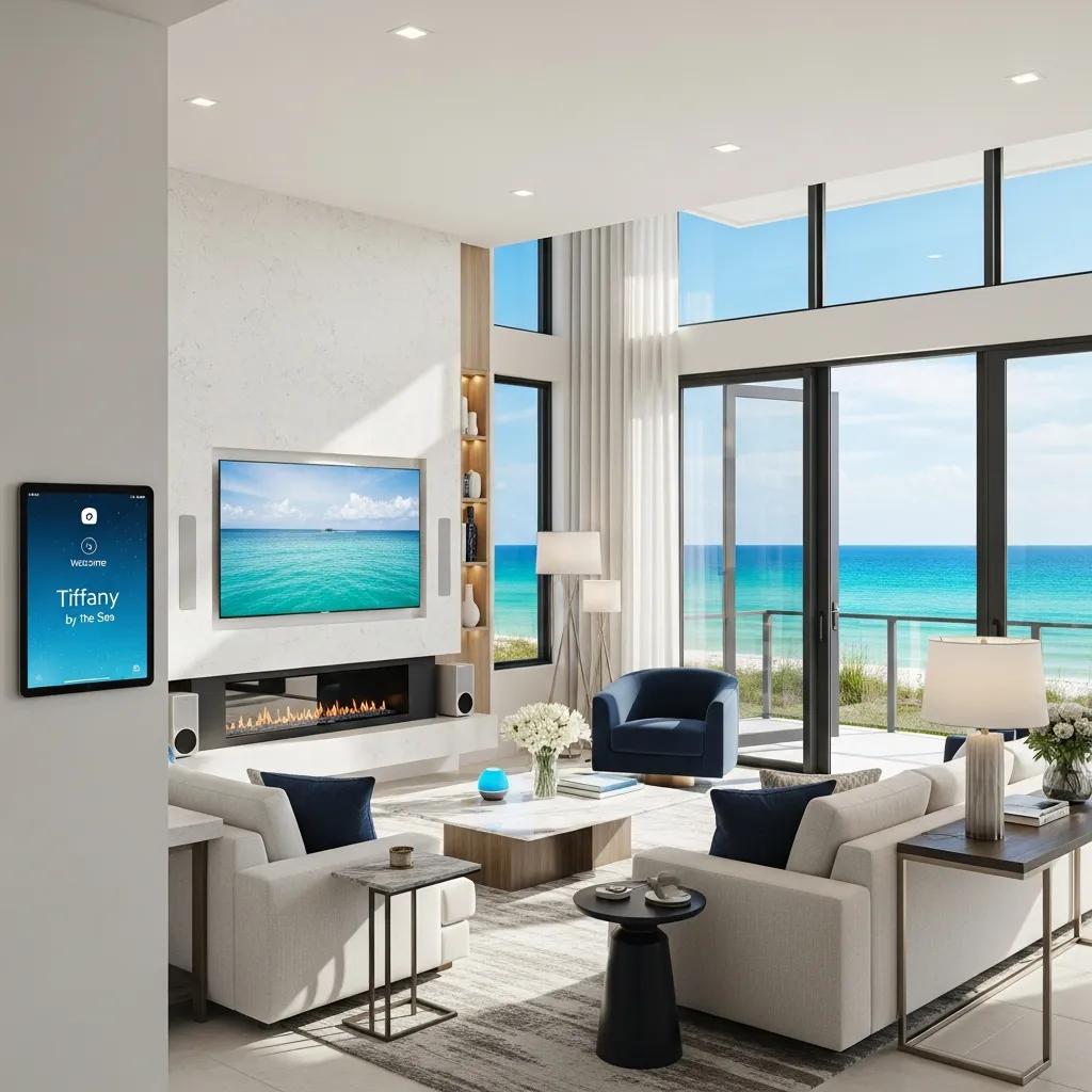 Modern luxury interior of a Tiffany by the Sea residence, featuring ocean views, smart home technology, contemporary furnishings, and a bright, airy atmosphere.