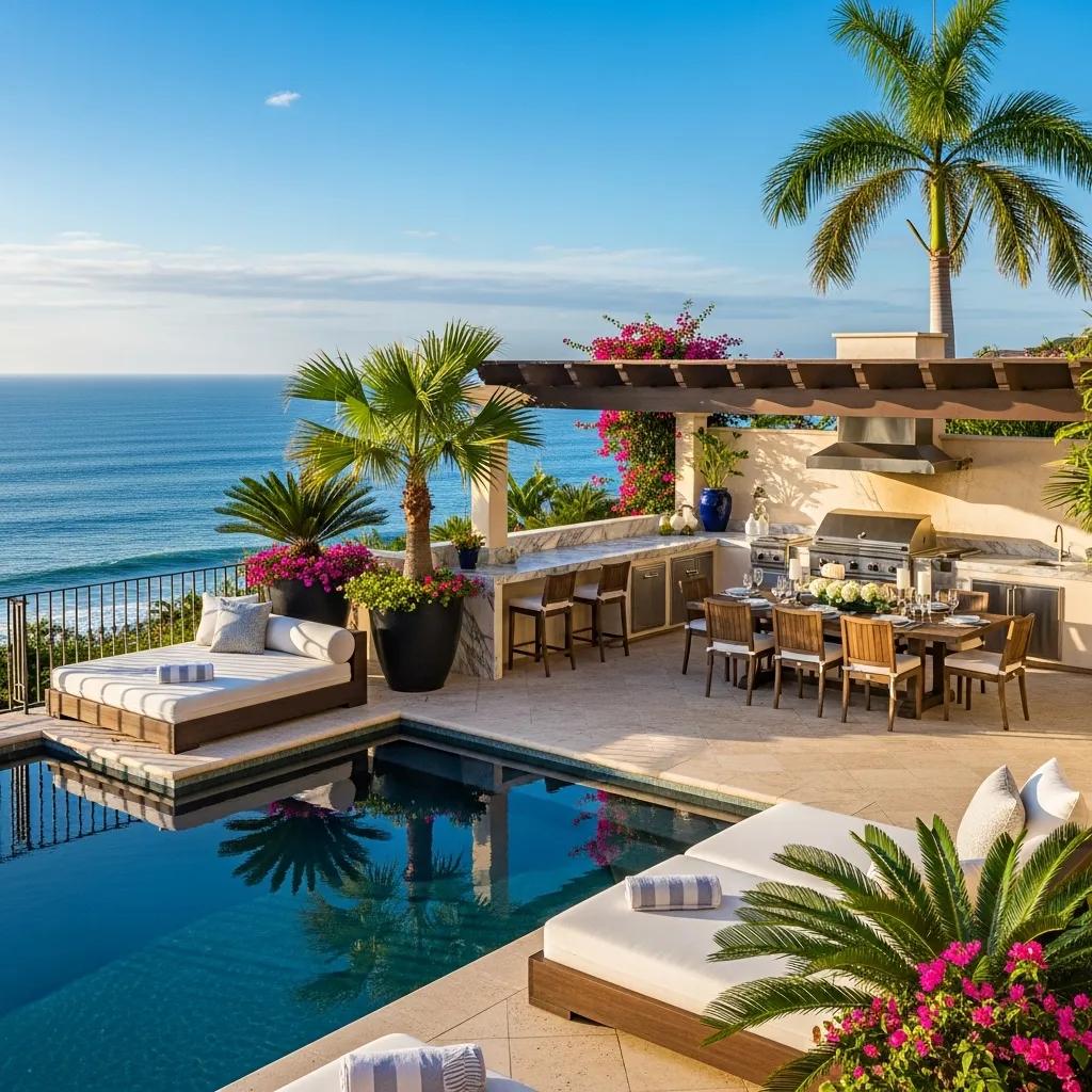 Outdoor living space of a luxury oceanfront estate with pool and ocean views