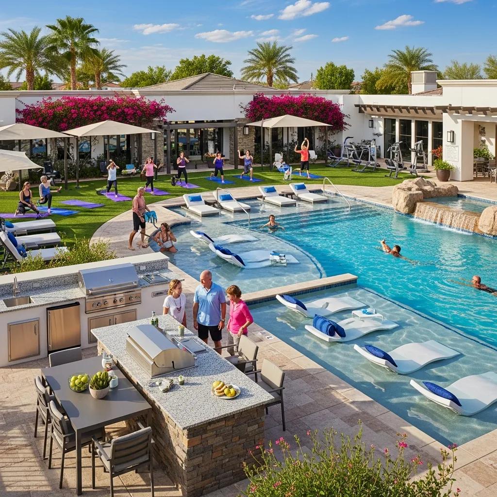 Premium amenities in a luxury 55 plus community, showcasing a pool and outdoor kitchen