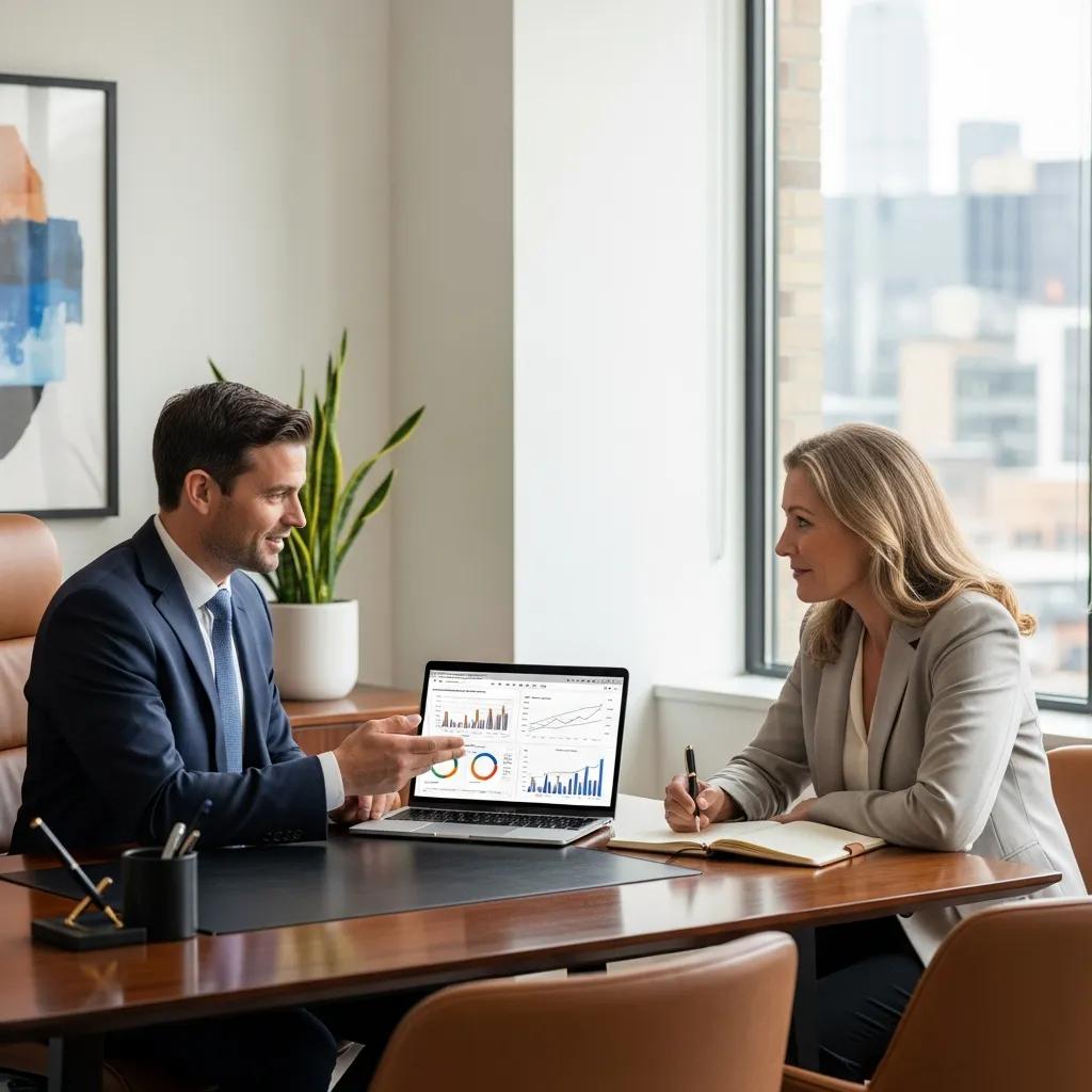 Professional meeting between a financial advisor and a client discussing luxury home financing options, with charts and graphs displayed on a laptop, in a modern office setting.