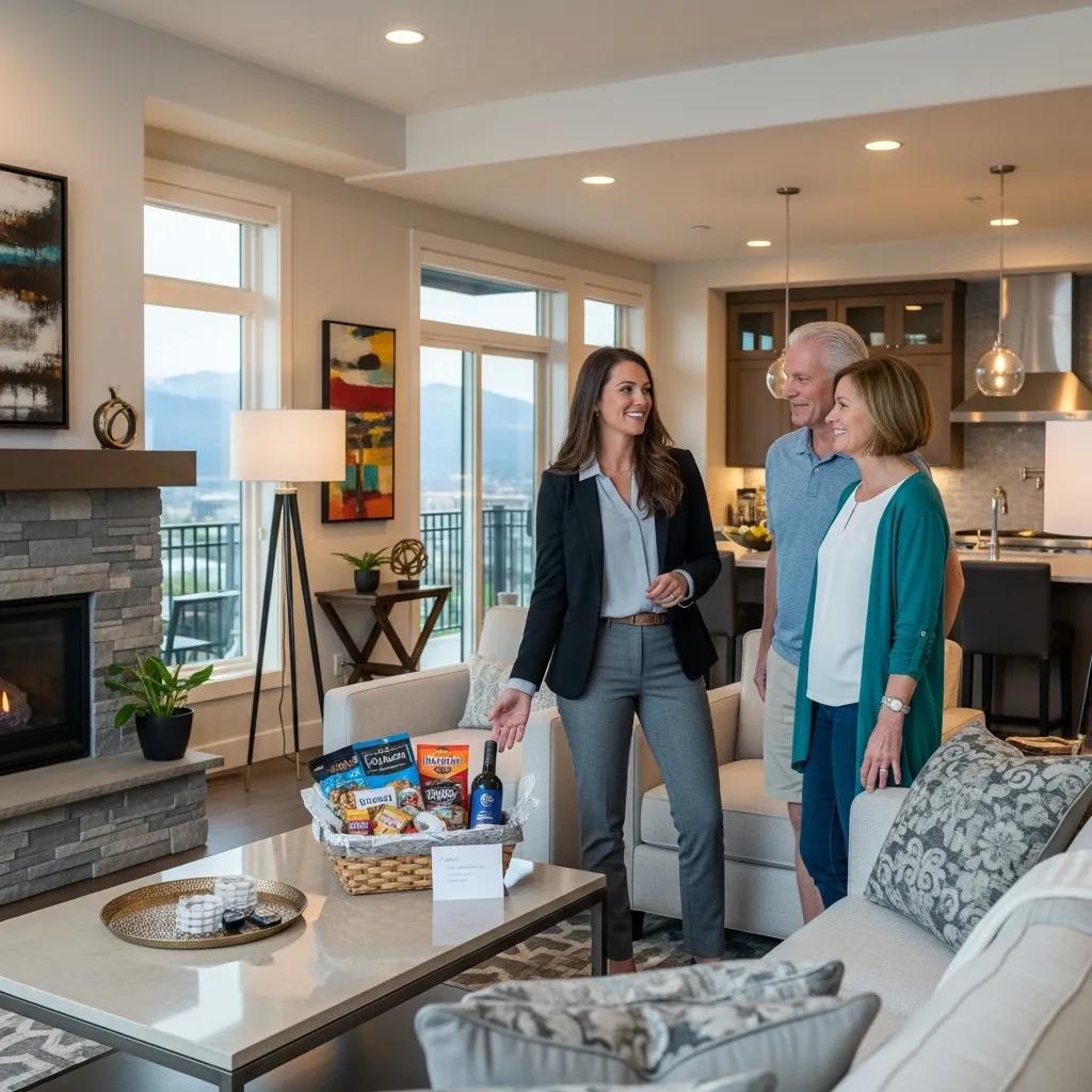 Property manager welcoming guests in a luxury vacation rental, showcasing a modern living space with a cozy atmosphere, featuring a snack basket on the coffee table and scenic views through large windows.
