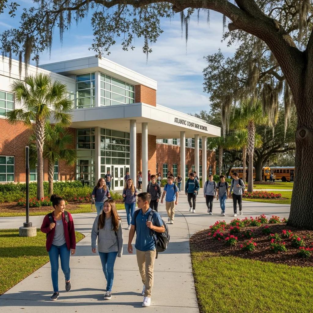 Students walking and engaging in conversation in front of Atlantic Coast High School, showcasing a vibrant school environment in Northeast Florida.