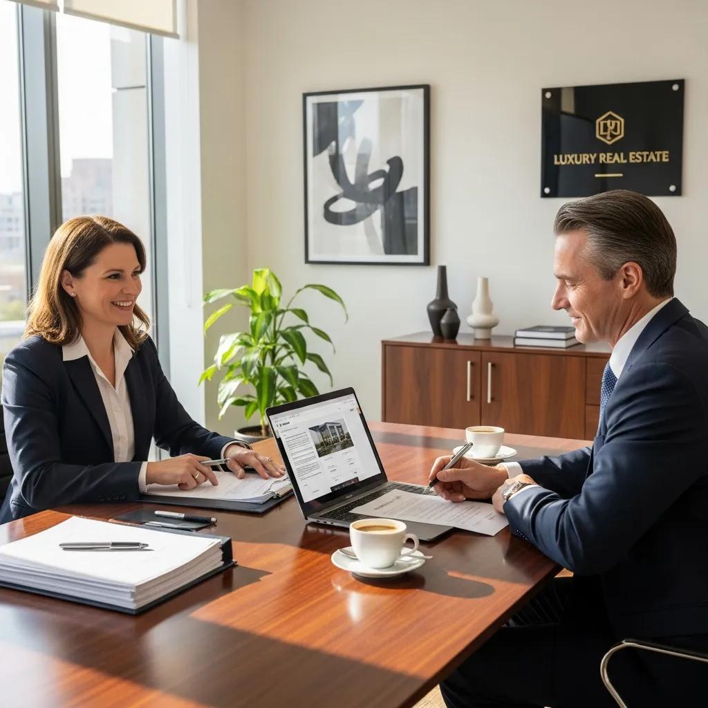 Real estate agent and buyer discussing luxury property deal at modern office table, laptop displaying property listings, coffee cups, and negotiation documents present.