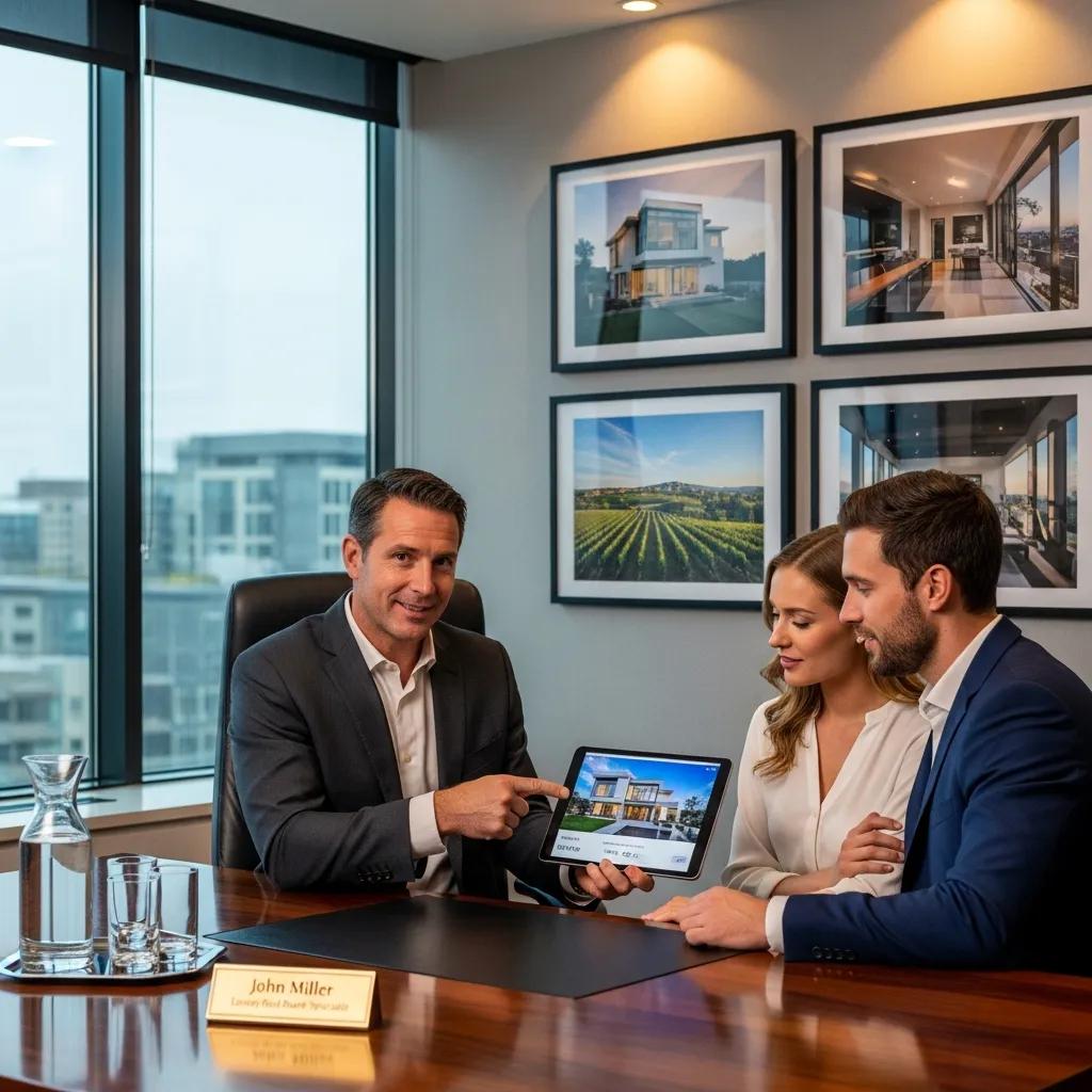 Real estate agent presenting luxury home listings on tablet to clients in modern office setting, with framed property images in background.