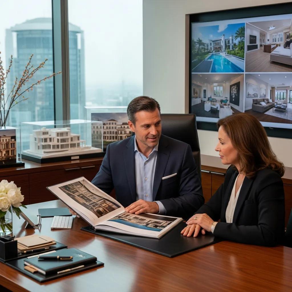 Real estate agent consulting with a luxury home seller in a modern office, discussing property listings and market insights for Atlantic Beach luxury real estate.