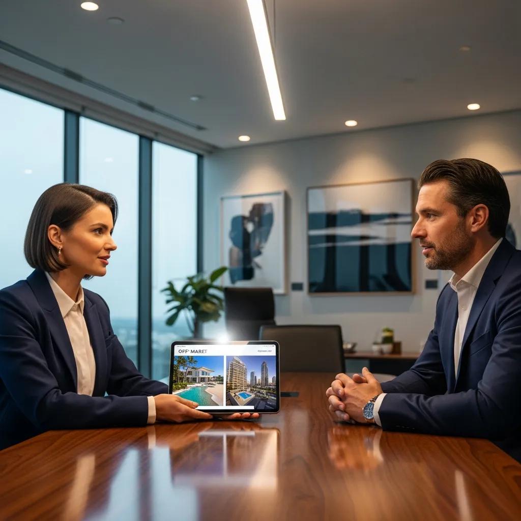Real estate agent discussing off-market luxury listings with a client, showcasing property images on a tablet in a modern office setting.