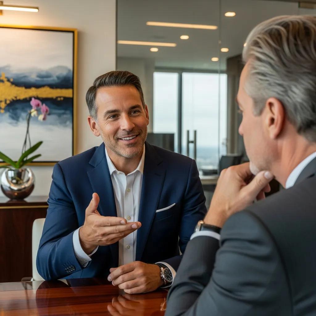 Real estate agent discussing negotiation strategies with affluent buyer in modern office setting, emphasizing luxury property transactions and expert representation.