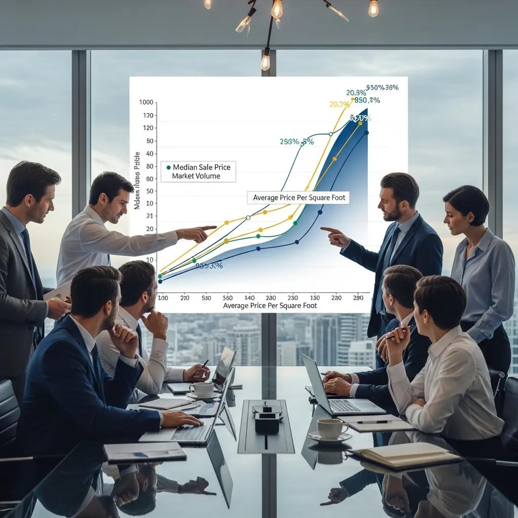 Real estate professionals analyzing luxury property market trends with a graph displaying median sale price and average price per square foot in a modern conference room.
