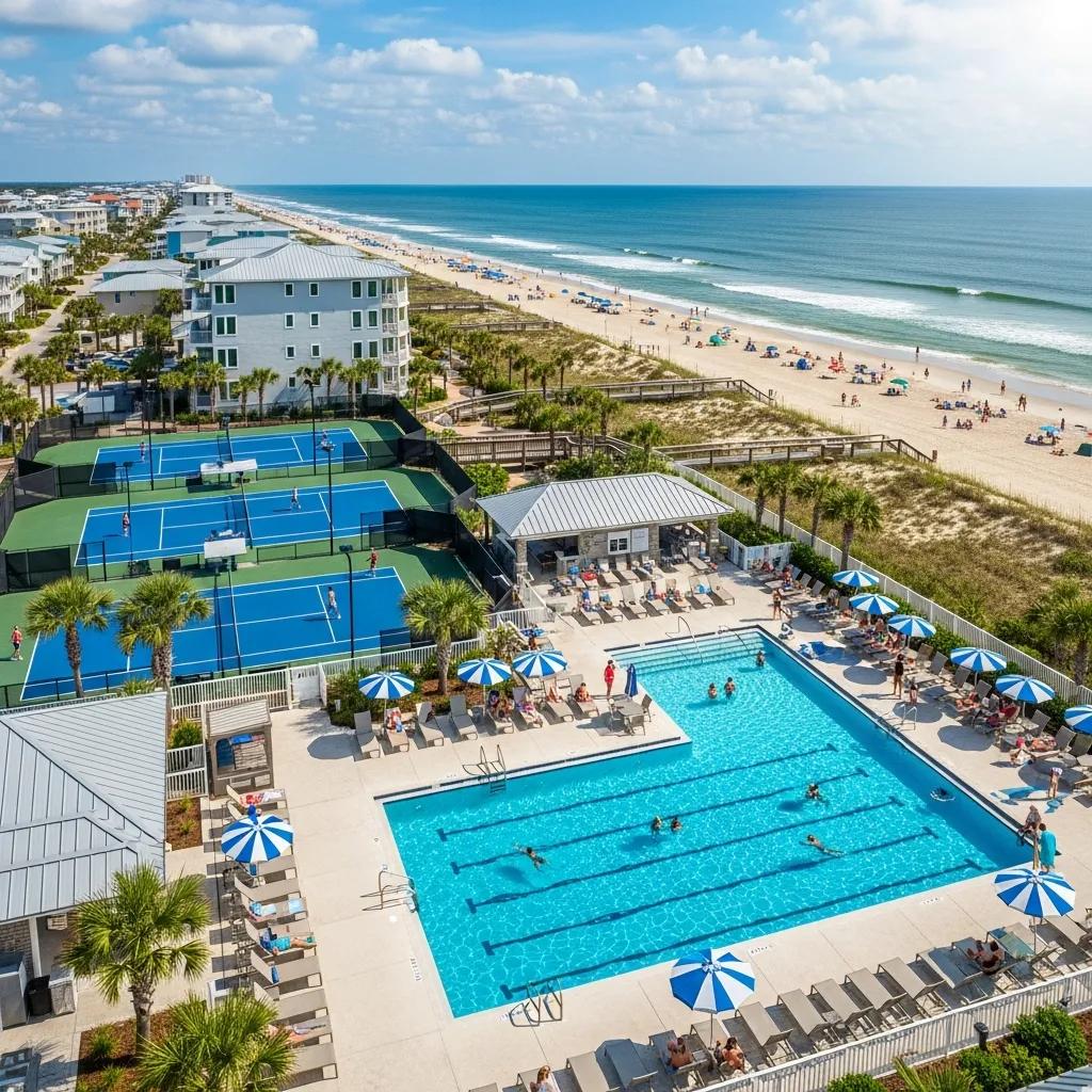 Recreational amenities in Atlantic Beach, featuring a swimming pool, tennis courts, and beach access, showcasing the vibrant coastal lifestyle.