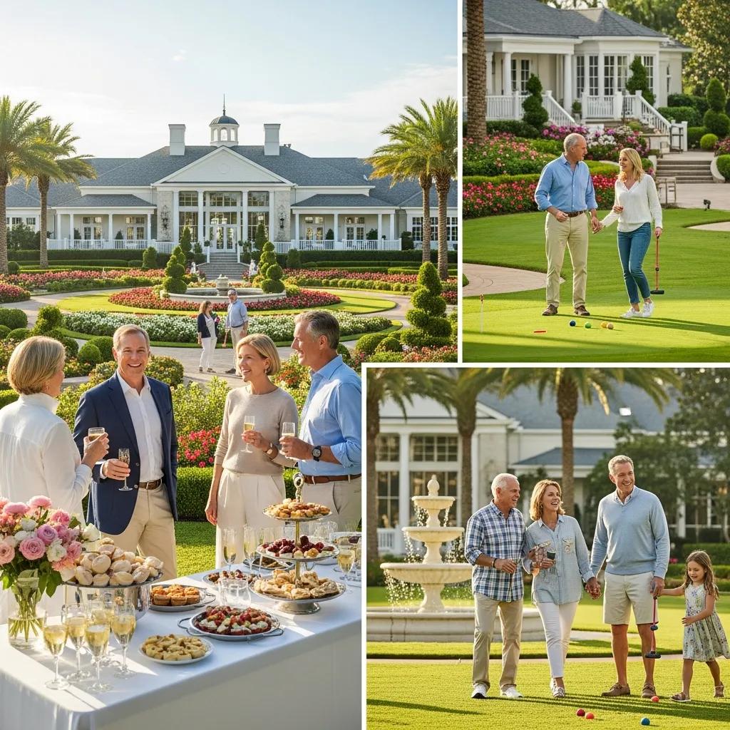 Residents enjoying a community event at Atlantic Beach Country Club with clubhouse in background