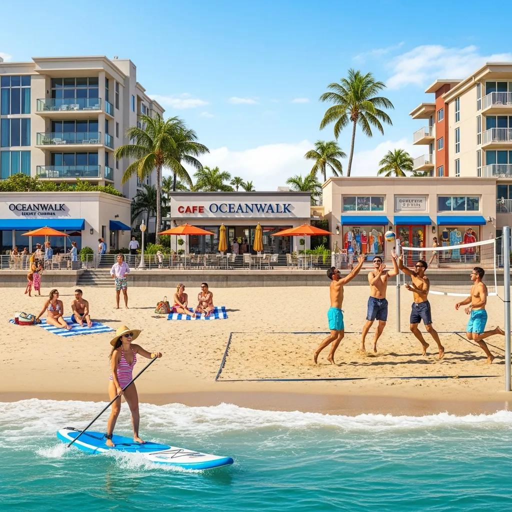 Residents enjoying beach activities at Oceanwalk, including paddleboarding, beach volleyball, and dining at Cafe Oceanwalk, with luxury condos in the background and a vibrant community atmosphere.
