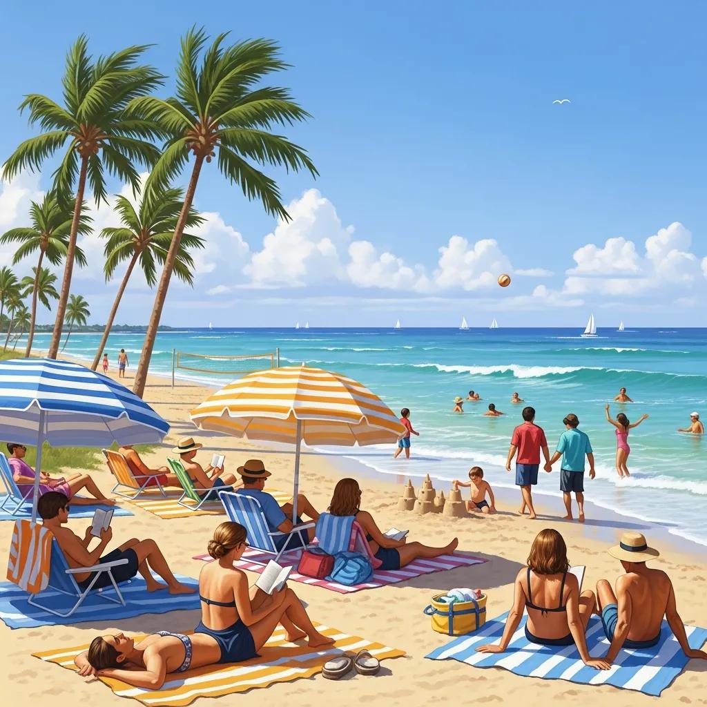 Residents enjoying beach activities in Ocean Village, lounging under umbrellas, reading, playing volleyball, and swimming in the ocean waves.