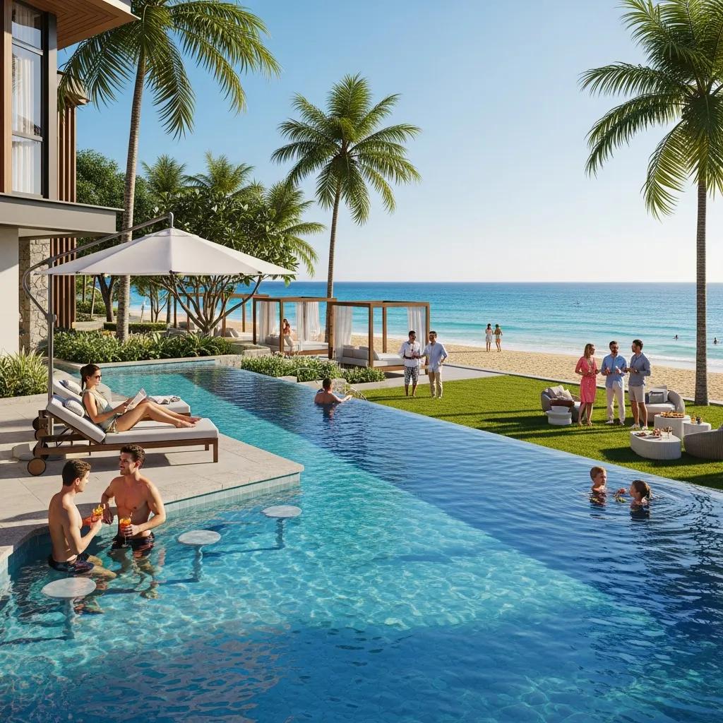 Residents enjoying luxury amenities in an oceanfront community, featuring a poolside setting with palm trees, sun loungers, and beach access, highlighting the lifestyle benefits of luxury ocean view villas.