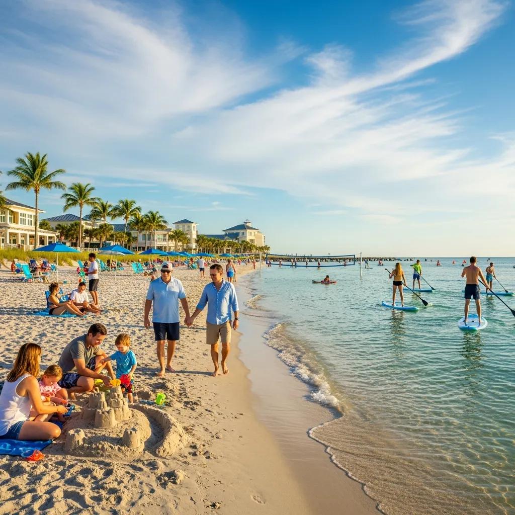 Families enjoying beach activities, building sandcastles, and paddleboarding near luxury homes at Beaches Town Center, Jacksonville Beach, Florida.