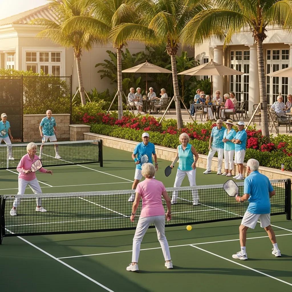 Residents enjoying pickleball at Tiffany by the Sea with community spaces in view